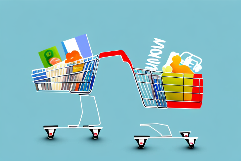 A shopping cart filled with various types of groceries