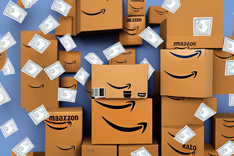 A pile of amazon shipping boxes with a dollar sign floating above them