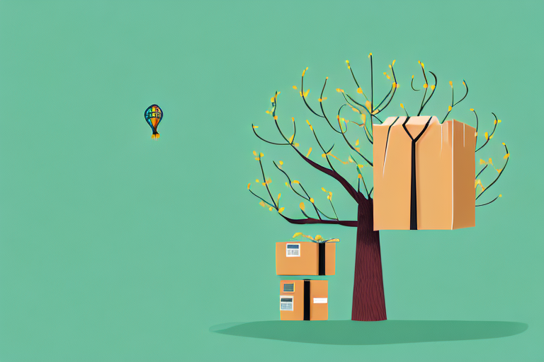 A seed sprouting into a robust tree with amazon packages hanging from its branches