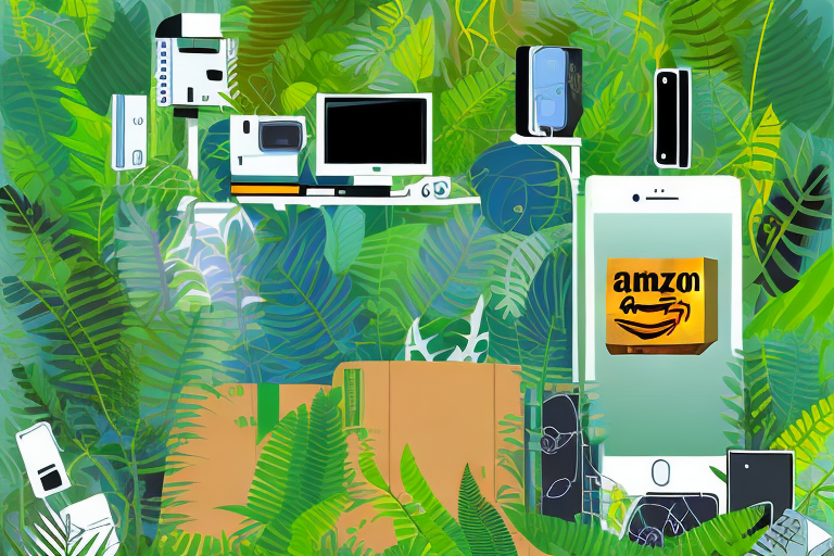 An amazon rainforest setting with various products like electronics