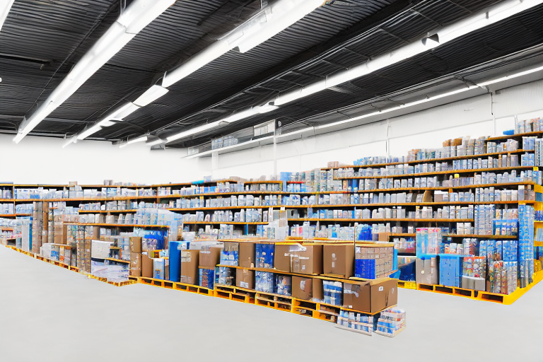 A warehouse with organized shelves filled with various products