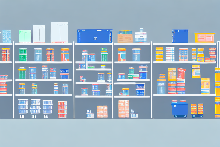 A warehouse filled with neatly organized shelves of various products