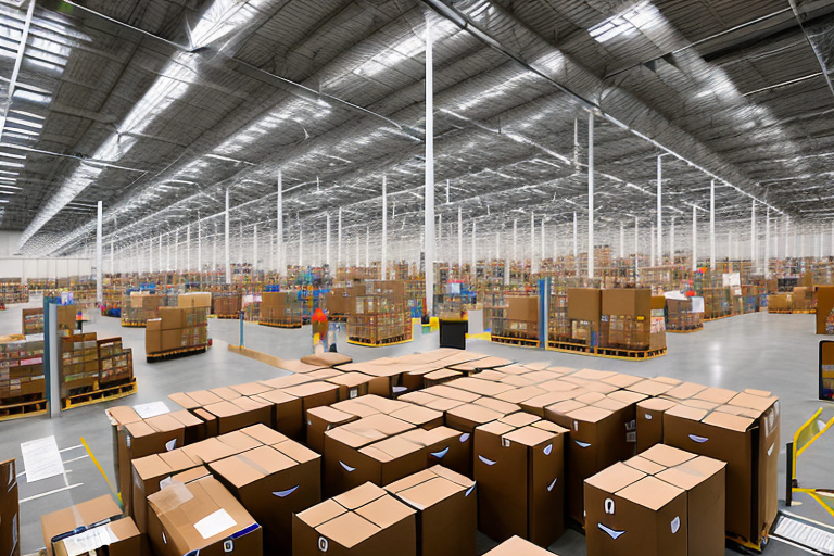 An amazon warehouse filled with piles of unsorted boxes to signify excess stock