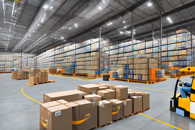 A warehouse with amazon-branded boxes on conveyor belts and shelves