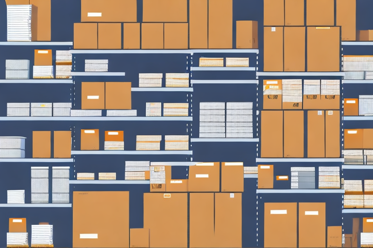 An organized warehouse with various product boxes and a computer screen showing amazon seller central interface