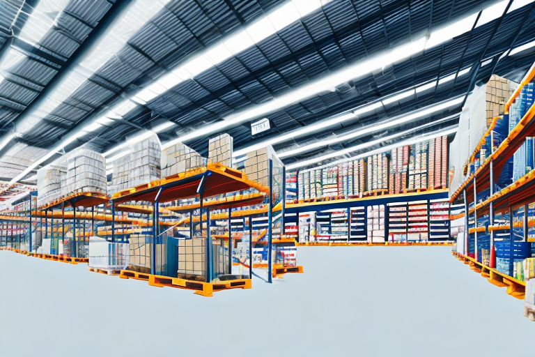 A warehouse with shelves stocked with various items