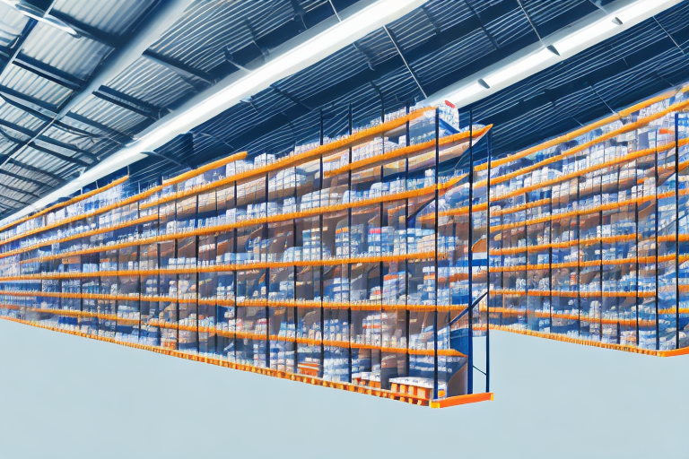 A warehouse with numerous shelves filled with various types of goods