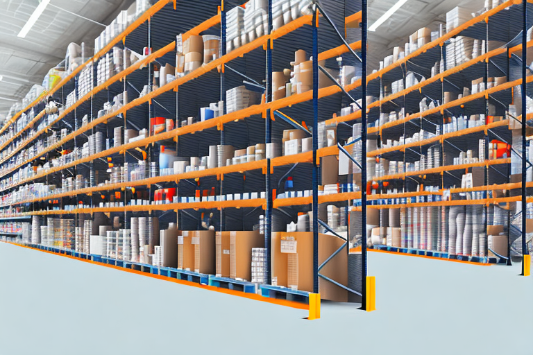 A warehouse filled with organized shelves of various products