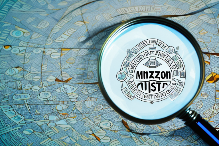 A magnifying glass hovering over a stylized map marked with various symbols representing different amazon fba services