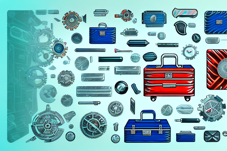 A toolbox filled with symbolic items representing digital tools such as a magnifying glass for search optimization