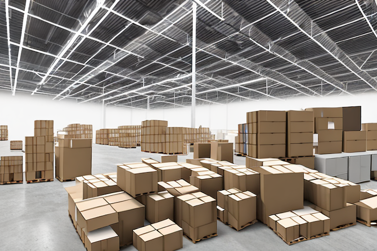 A warehouse with shelves full of boxes and a digital interface floating above it