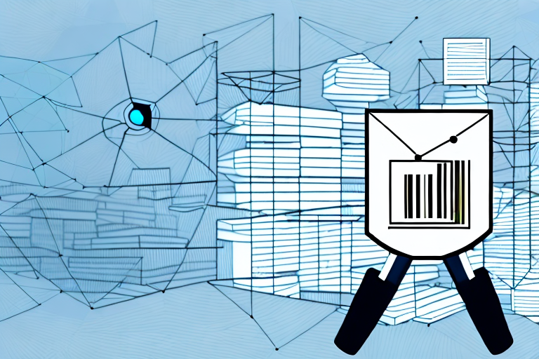 A magnifying glass hovering over a stack of boxes with barcodes