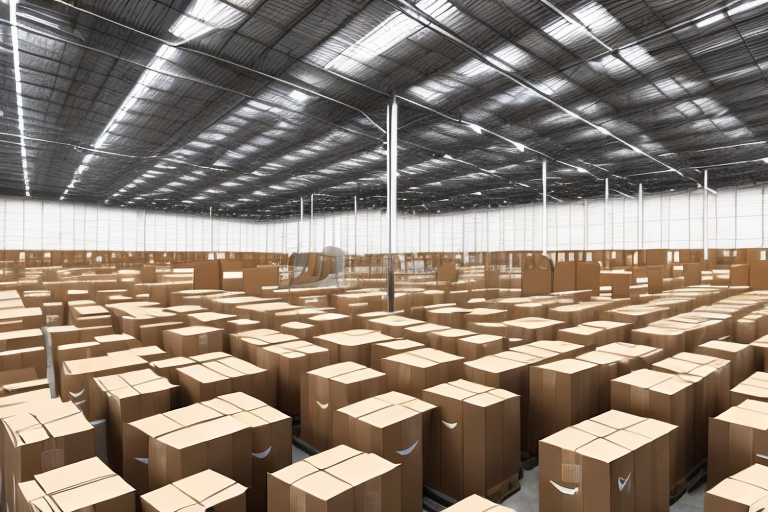 An amazon warehouse with empty shelves and scattered