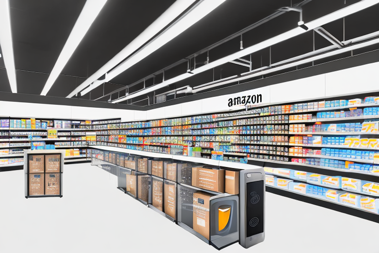 An amazon go store with shelves stocked with various products and advanced technology devices like sensors and cameras