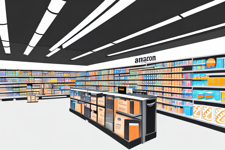 An amazon go store with shelves stocked with various products