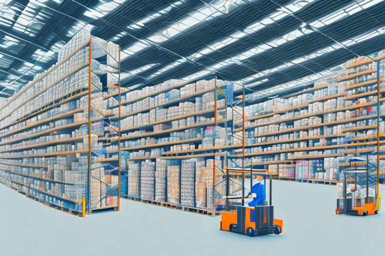 A warehouse filled with organized shelves of boxes