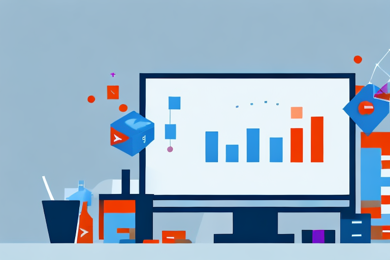 A desktop computer with a screen displaying a bar graph indicating stock levels