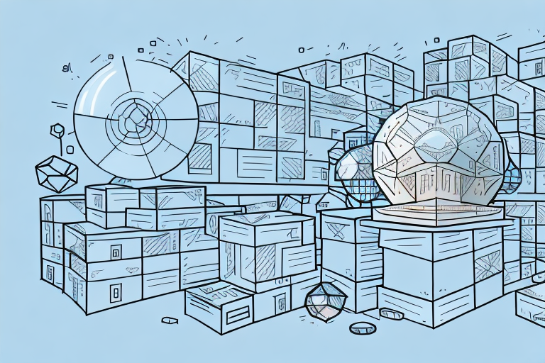 A warehouse full of boxes with a crystal ball depicting bar graphs and pie charts related to inventory forecasting