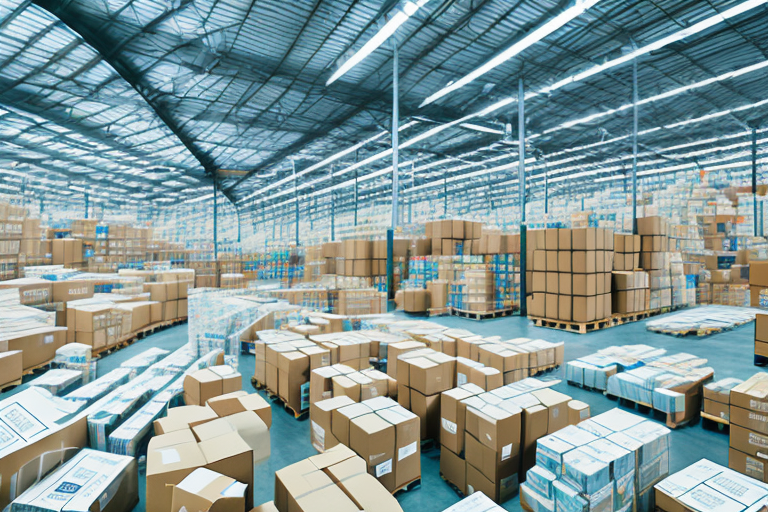 A warehouse with shelves full of boxes