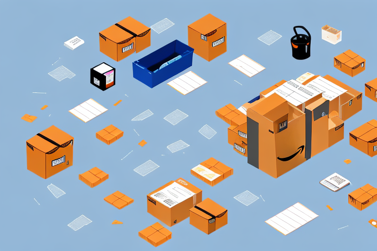 An amazon warehouse filled with boxes and a clipboard on a desk