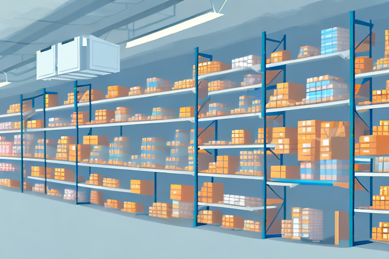 A warehouse filled with organized shelves of various products