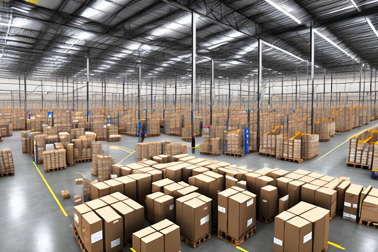 A well-organized warehouse with amazon boxes being sorted by automated robots