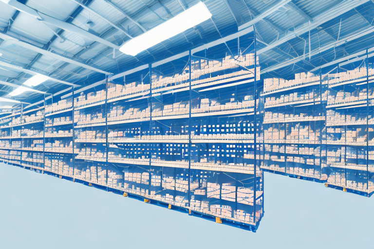 A warehouse filled with organized shelves of various products