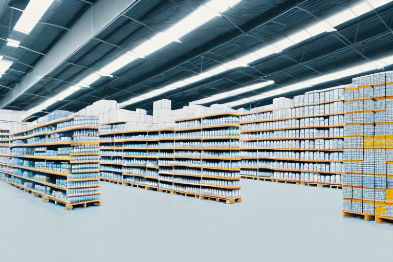 A vast warehouse with rows of shelves stacked with a variety of products