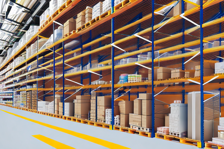 A warehouse with shelves stacked with various types of products