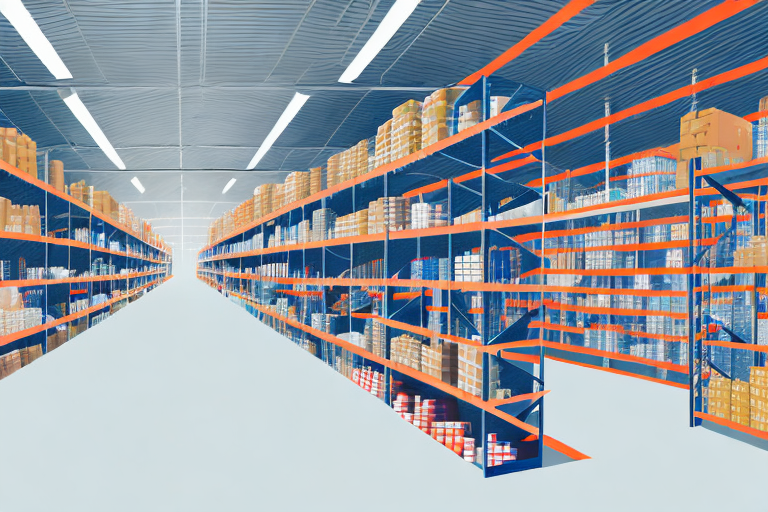 A warehouse filled with neatly organized shelves of various products