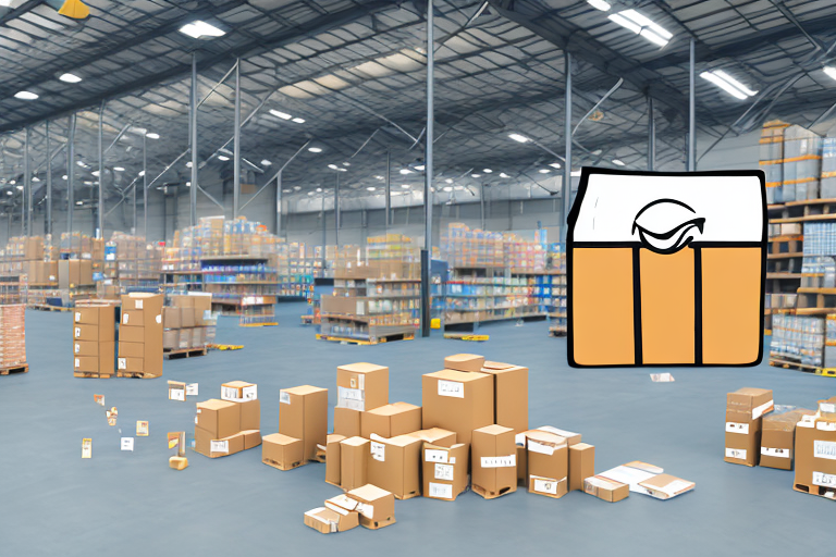 A warehouse full of various products with an amazon-branded delivery truck nearby