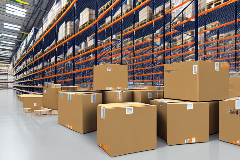 A warehouse with amazon-branded boxes on shelves