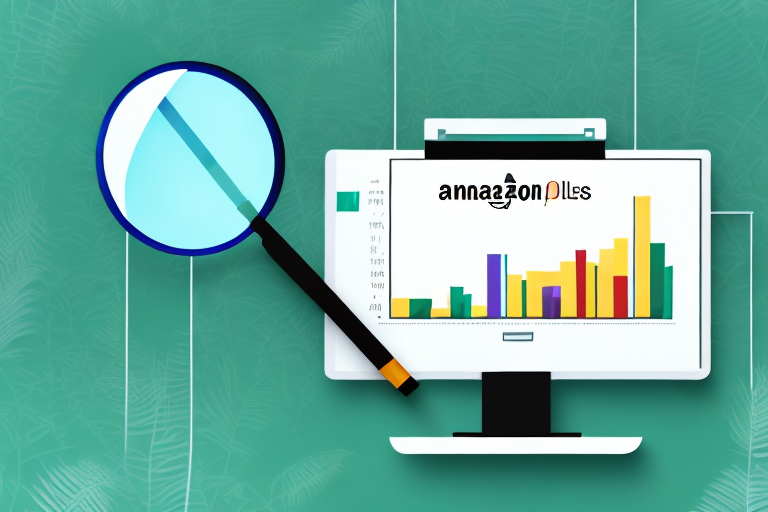 A magnifying glass hovering over a computer screen displaying a bar graph that symbolizes increasing sales