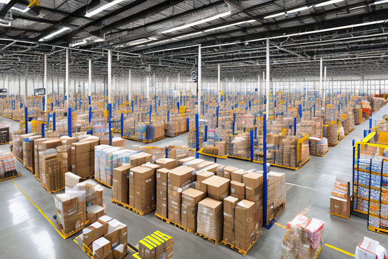 A bustling amazon warehouse filled with various products ready for shipment