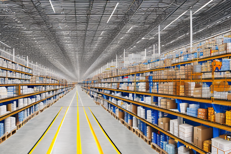 A large amazon warehouse with rows of shelves filled with various items