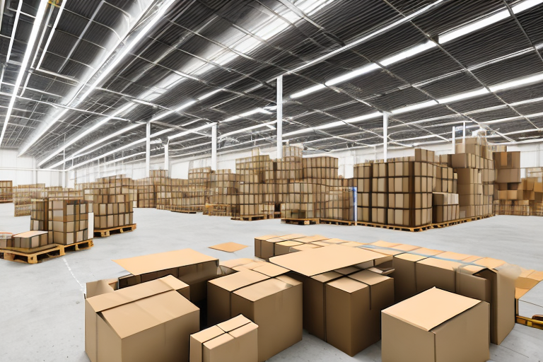 A warehouse with shelves full of boxes