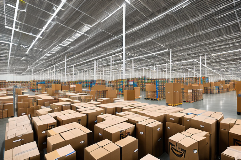 An amazon warehouse filled with neatly organized shelves of boxes