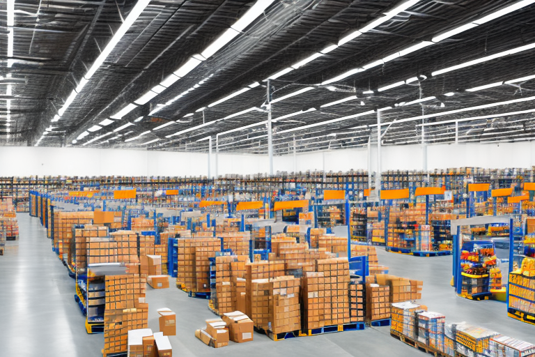 An amazon warehouse with empty shelves