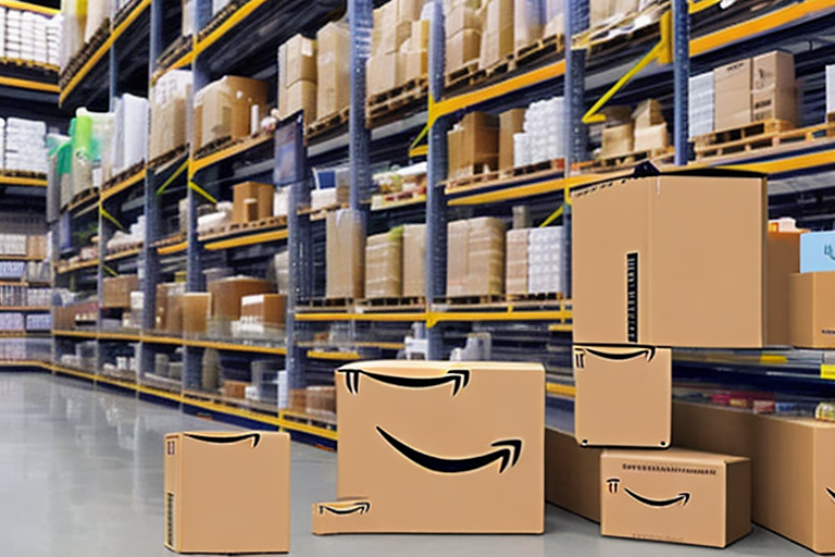 Various amazon product boxes neatly arranged on warehouse shelves