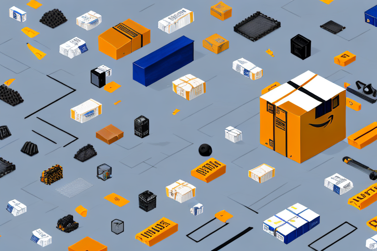 A warehouse with amazon-branded boxes on conveyor belts