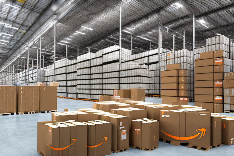 A warehouse with amazon-branded boxes on conveyor belts and forklifts