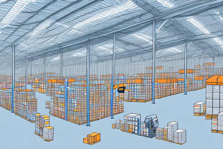 An amazon warehouse with various packages and a scanner