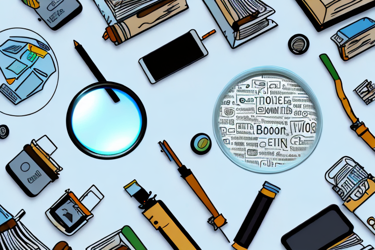 A magnifying glass hovering over a variety of different products