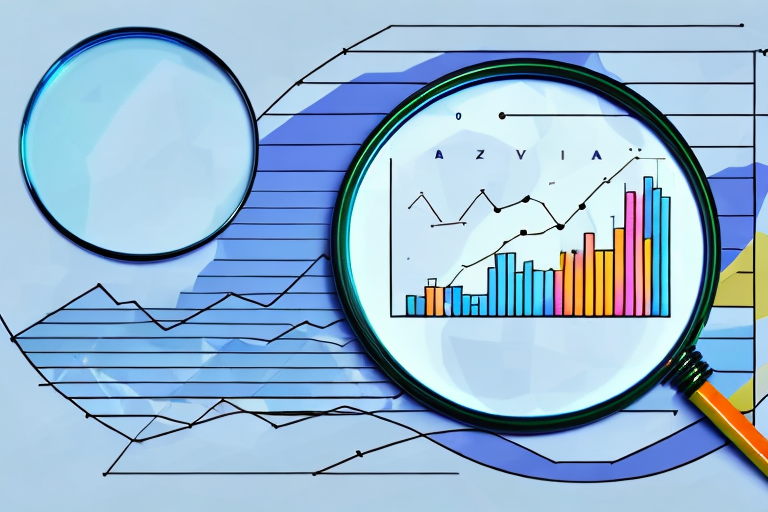 A magnifying glass hovering over a computer screen displaying a bar chart and pie chart