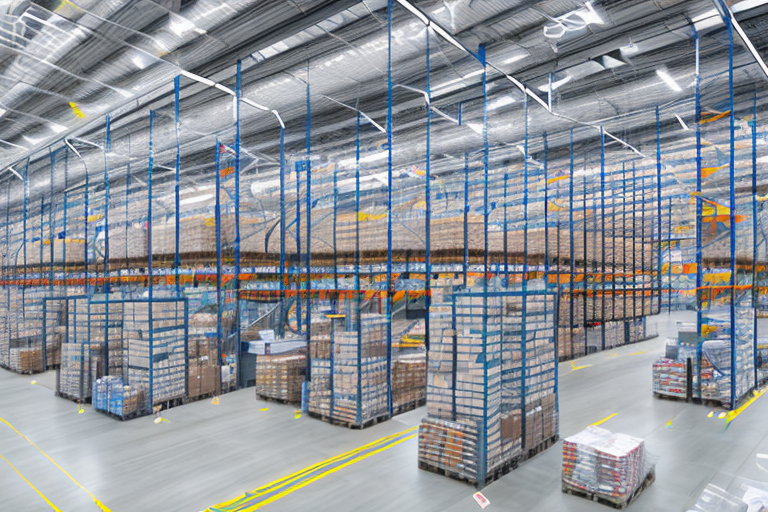 An organized amazon warehouse with rows of neatly stacked boxes