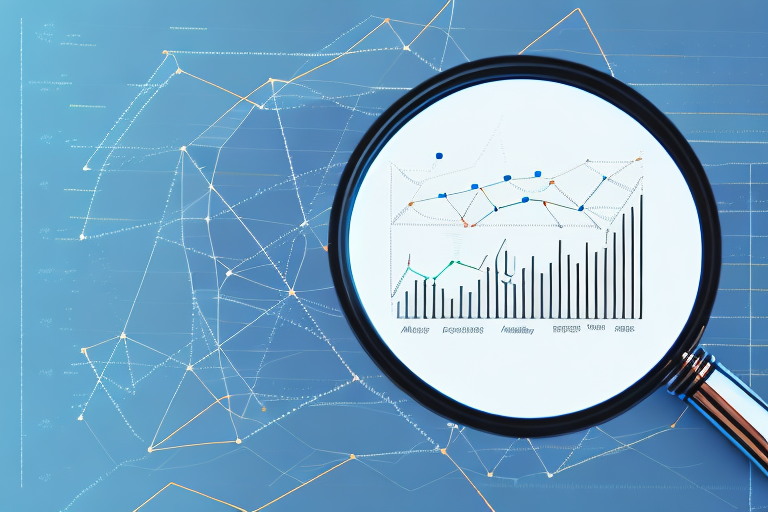 A magnifying glass hovering over a chart with upward trending lines