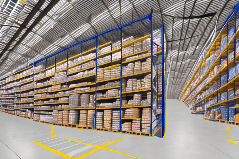 An amazon warehouse filled with various types of products neatly organized on shelves