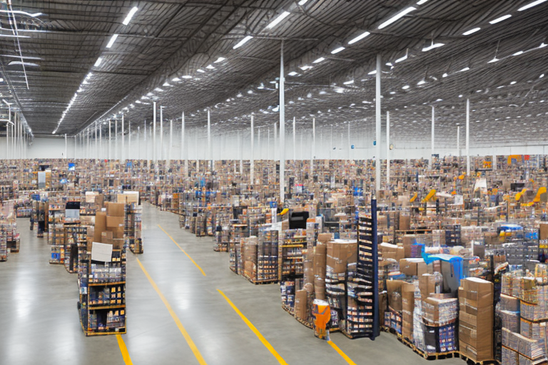 An amazon warehouse filled with various products on shelves