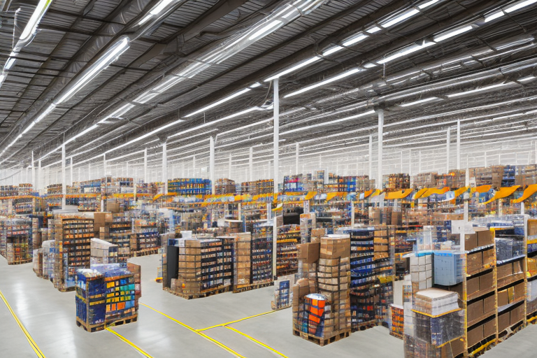 An amazon warehouse with shelves full of various products