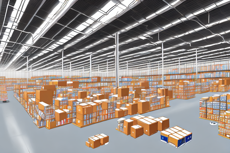 An amazon warehouse with shelves full of boxes